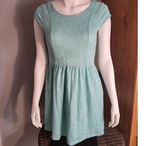 Mint Green Eyelet Lace Dress L Fit Flare Cottagecore Coquette Boho Open Back